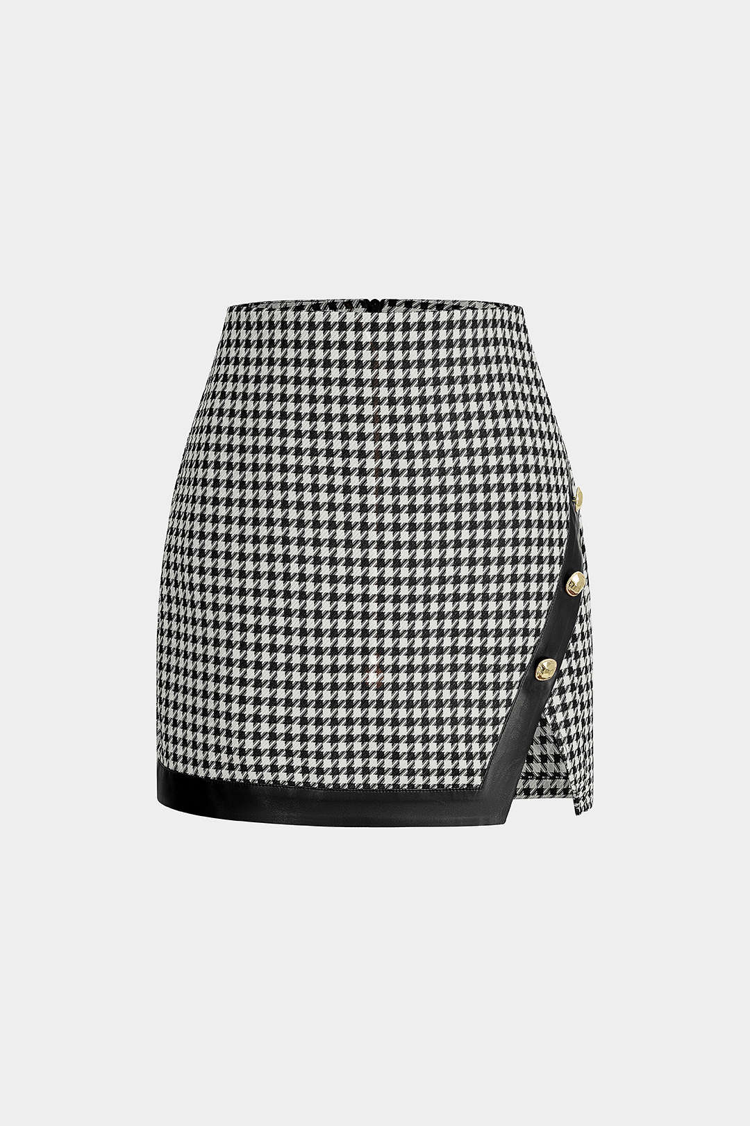 Asymetrická sukně z umělé kůže s potiskem houndstooth a bočním střihem
