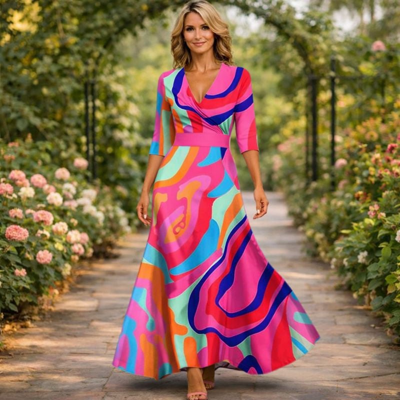 Fleur™ - Elegantní květinové šaty s V-výstřihem