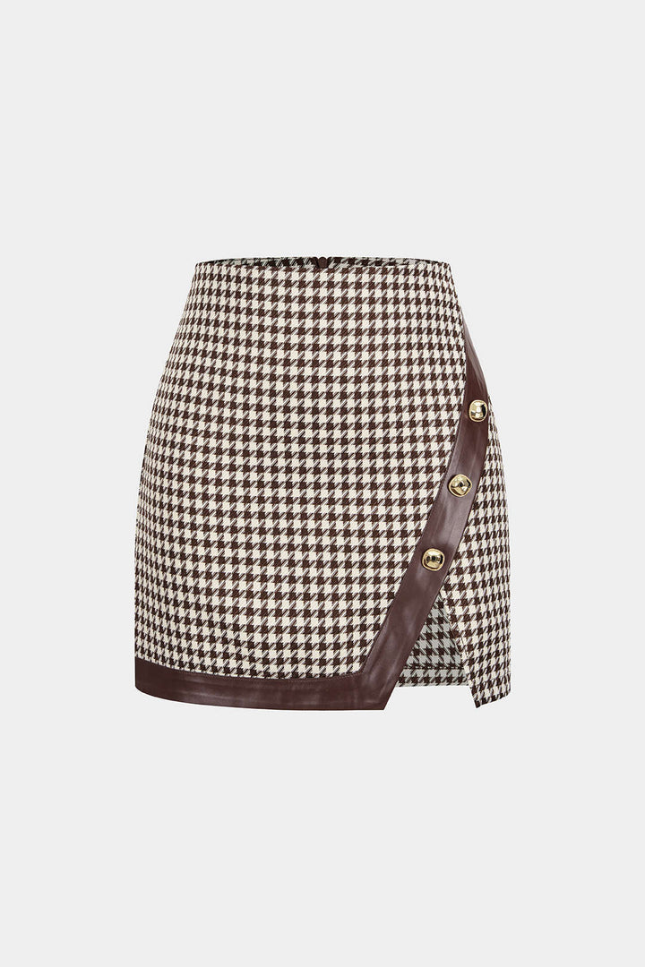 Asymetrická sukně z umělé kůže s potiskem houndstooth a bočním střihem