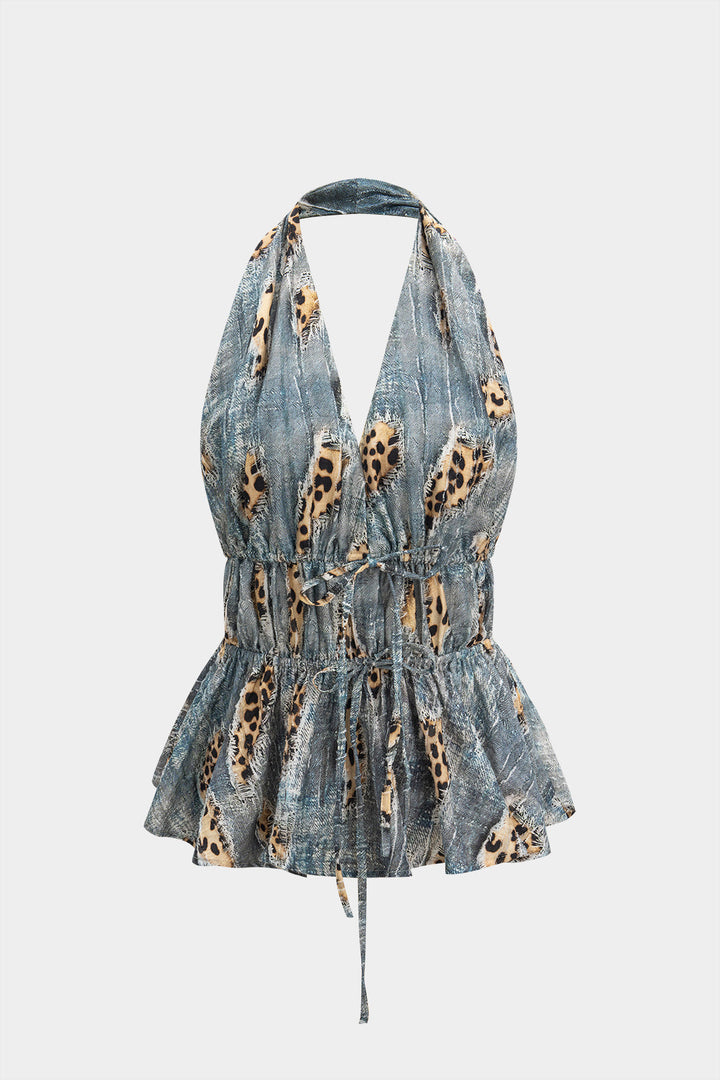 Top bez ramínek s retro leopardím potiskem a detailem řasení