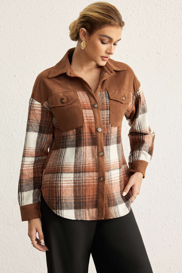 Hedvábná košile s kostkovaným vzorem, nášivkami a dlouhými rukávy