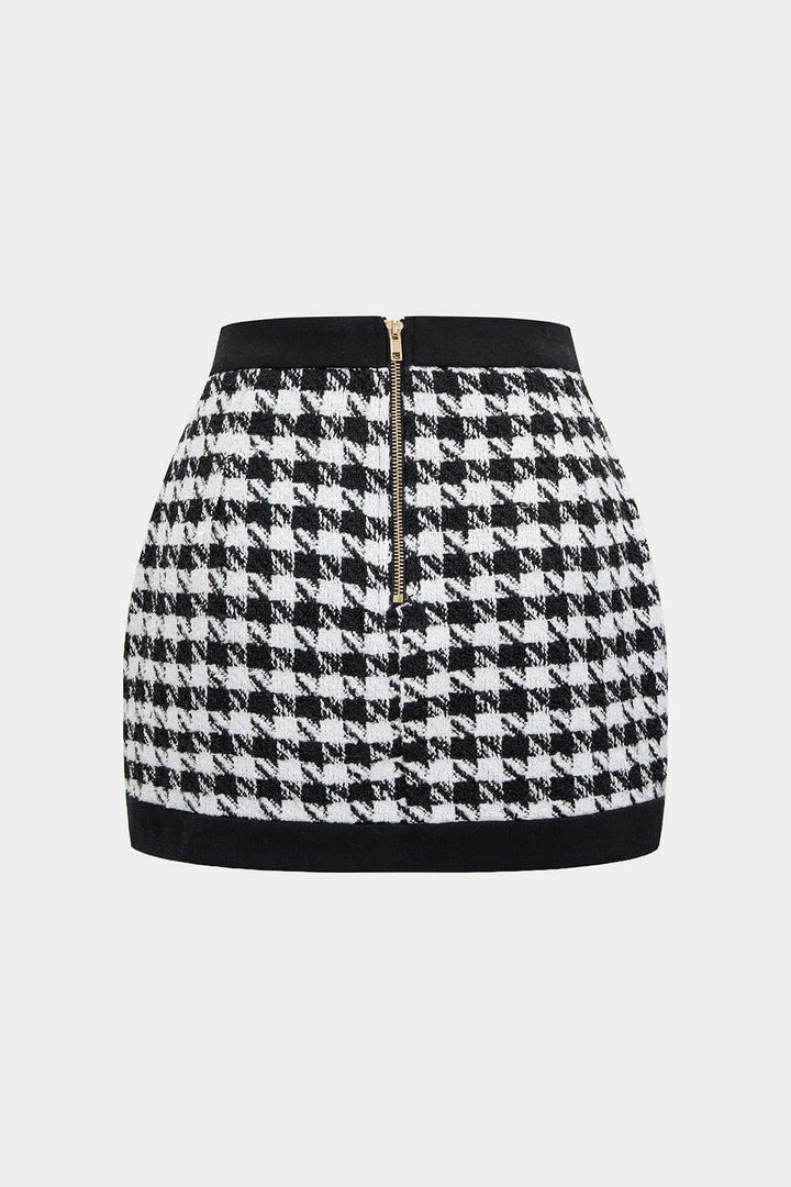 Sukně s Vysokým Pasem a Knoflíkem v Designu Houndstooth